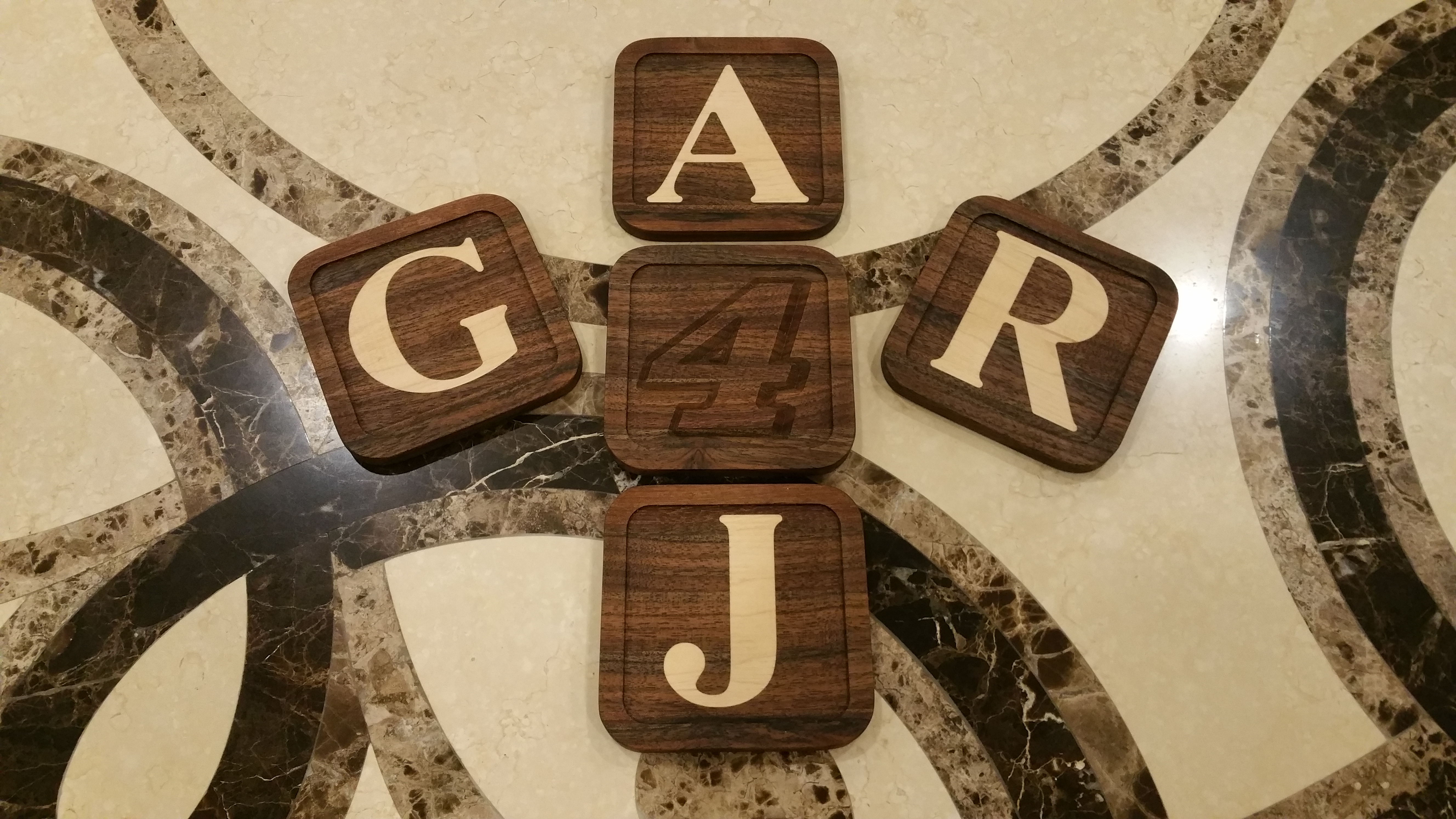 Monogram Coasters - inlaid and engraved - Maple & American Walnut